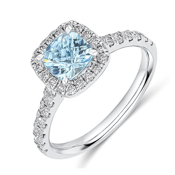 Platinum Aquamarine & Diamond Halo Ring