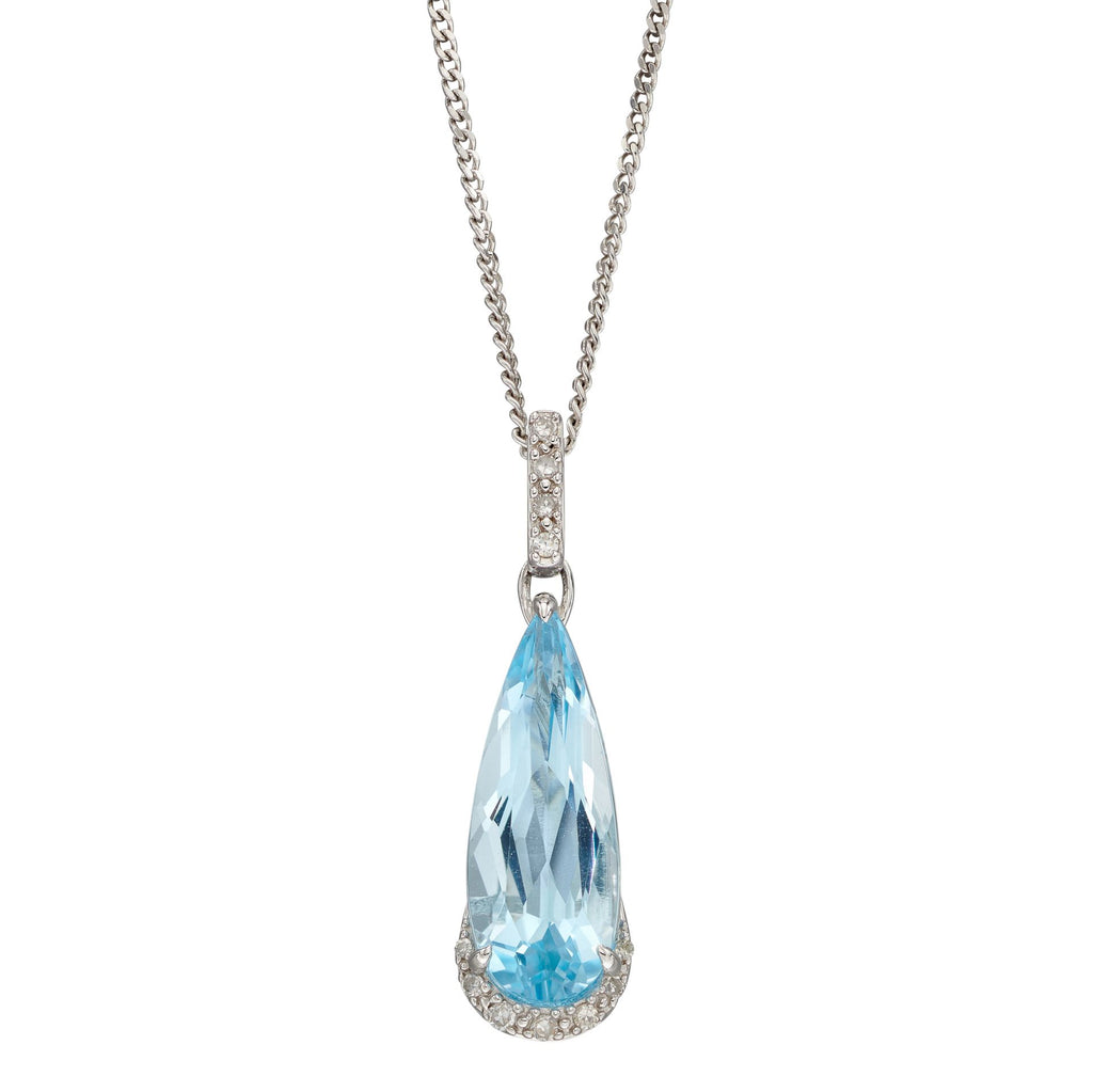 9ct White Gold Blue Topaz & Diamond Pendant