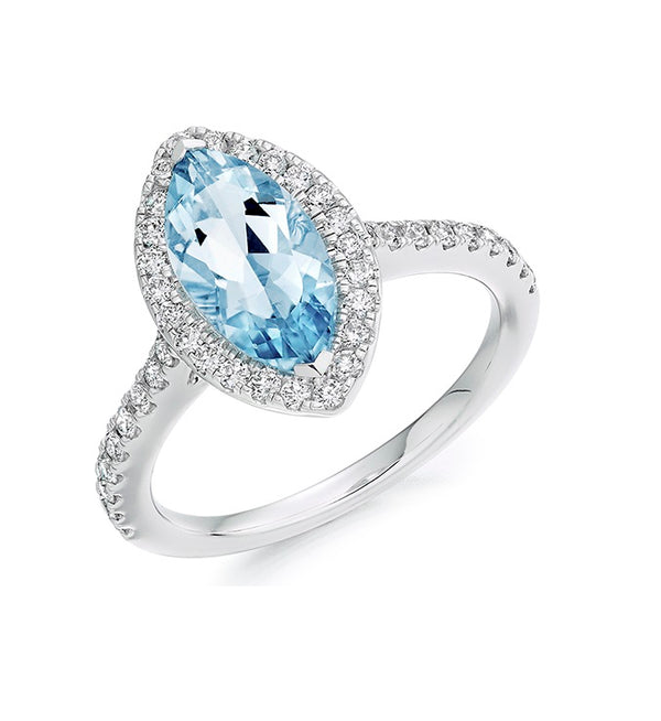 Platinum Aquamarine & Diamond Halo Ring