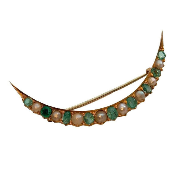 Vintage Emerald & Pearl Crescent Brooch