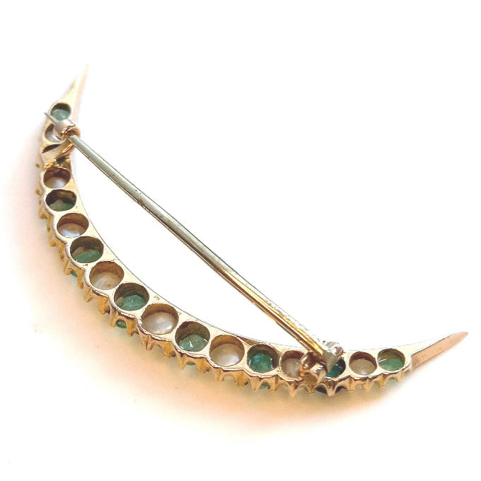 Vintage Emerald & Pearl Crescent Brooch