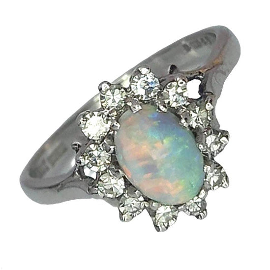 Pre-owned 18ct White-gold Opal & Diamond Cluster Ring