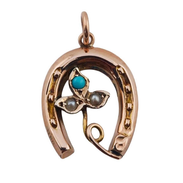 Vintage 9ct Gold Turquoise & Seed Pearl Horseshoe Pendant