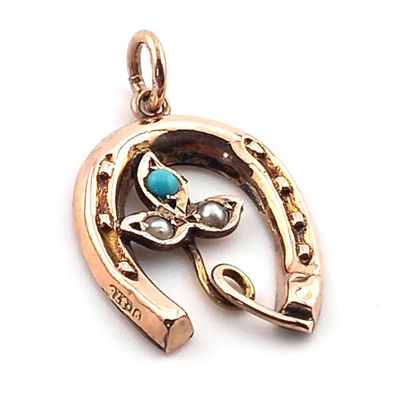 Vintage 9ct Gold Turquoise & Seed Pearl Horseshoe Pendant