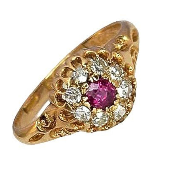 Antique 18ct Gold Ruby & Diamond Cluster Ring