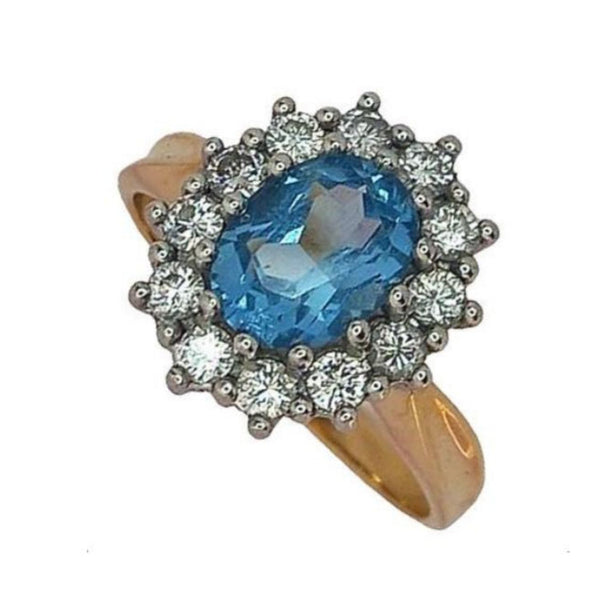 Pre-owned 18ct Gold Blue Topaz & Diamond Cluster Ring