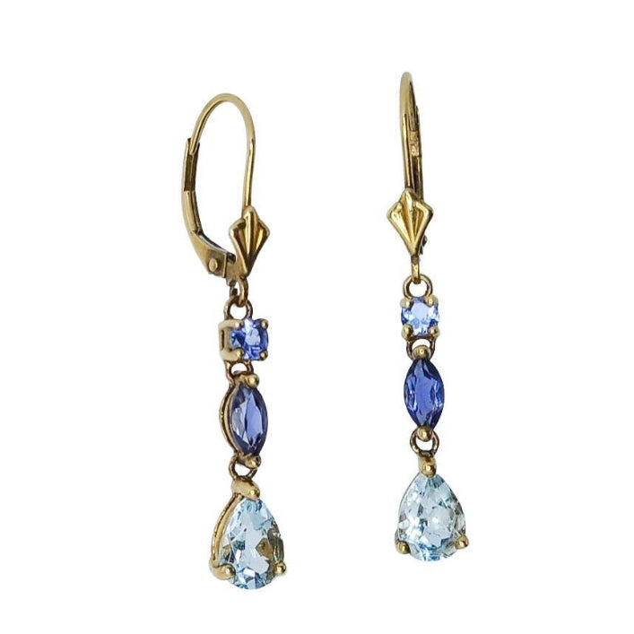Vintage 9ct Gold Aquamarine, Tanzanite & Iolite Earrings