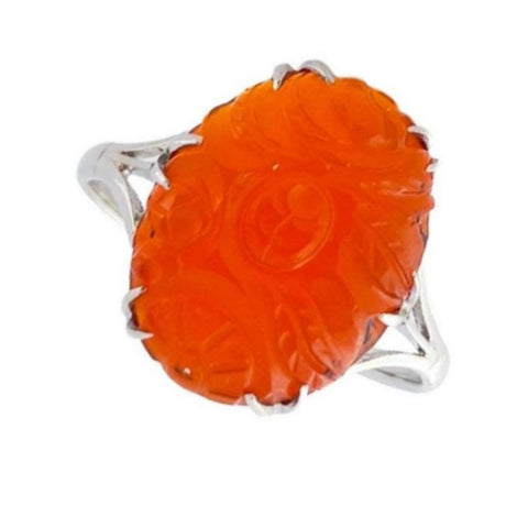 Vintage 9ct White-Gold Carved Carnelian Ring
