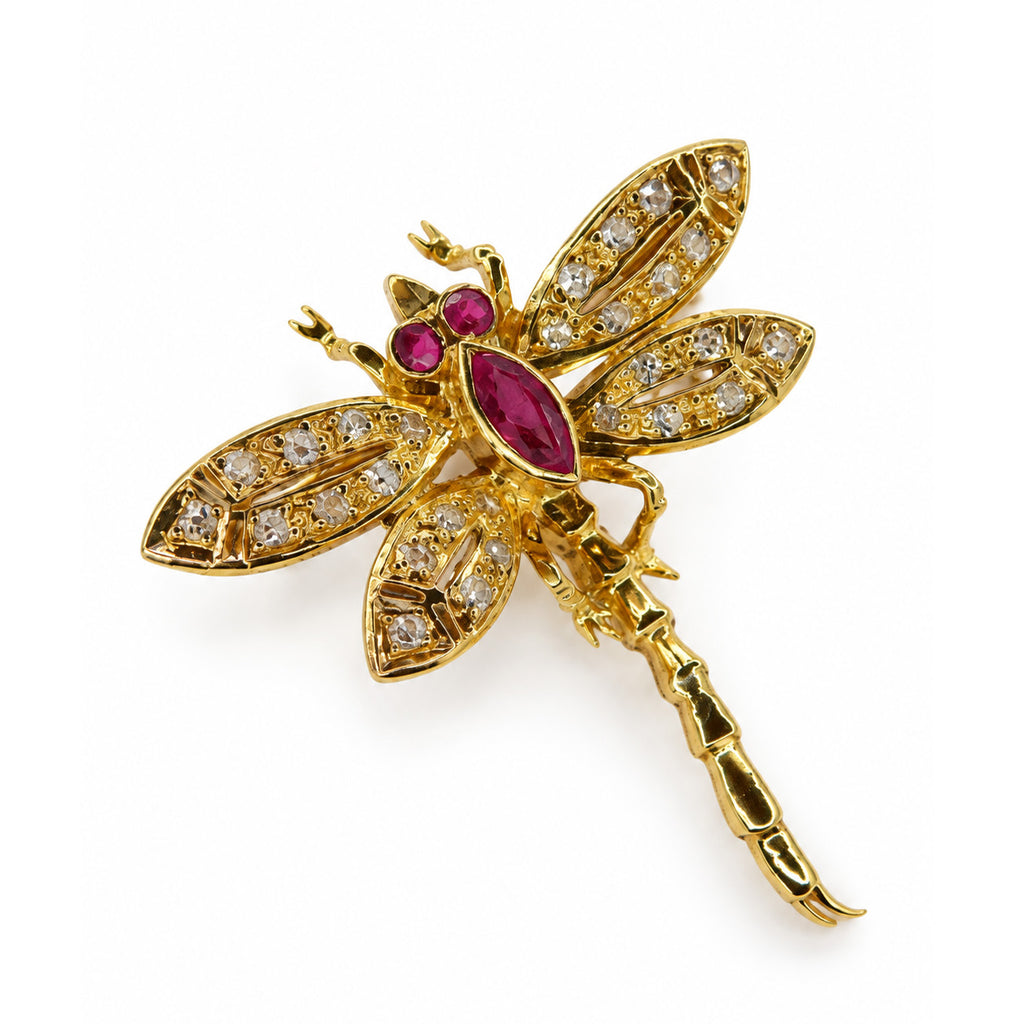 Vintage 18ct Gold Ruby & Diamond Dragonfly Brooch